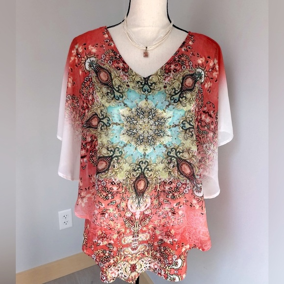Westport Orange Print Boho Butterfly Sleeve Top Size Large - Picture 1 of 7